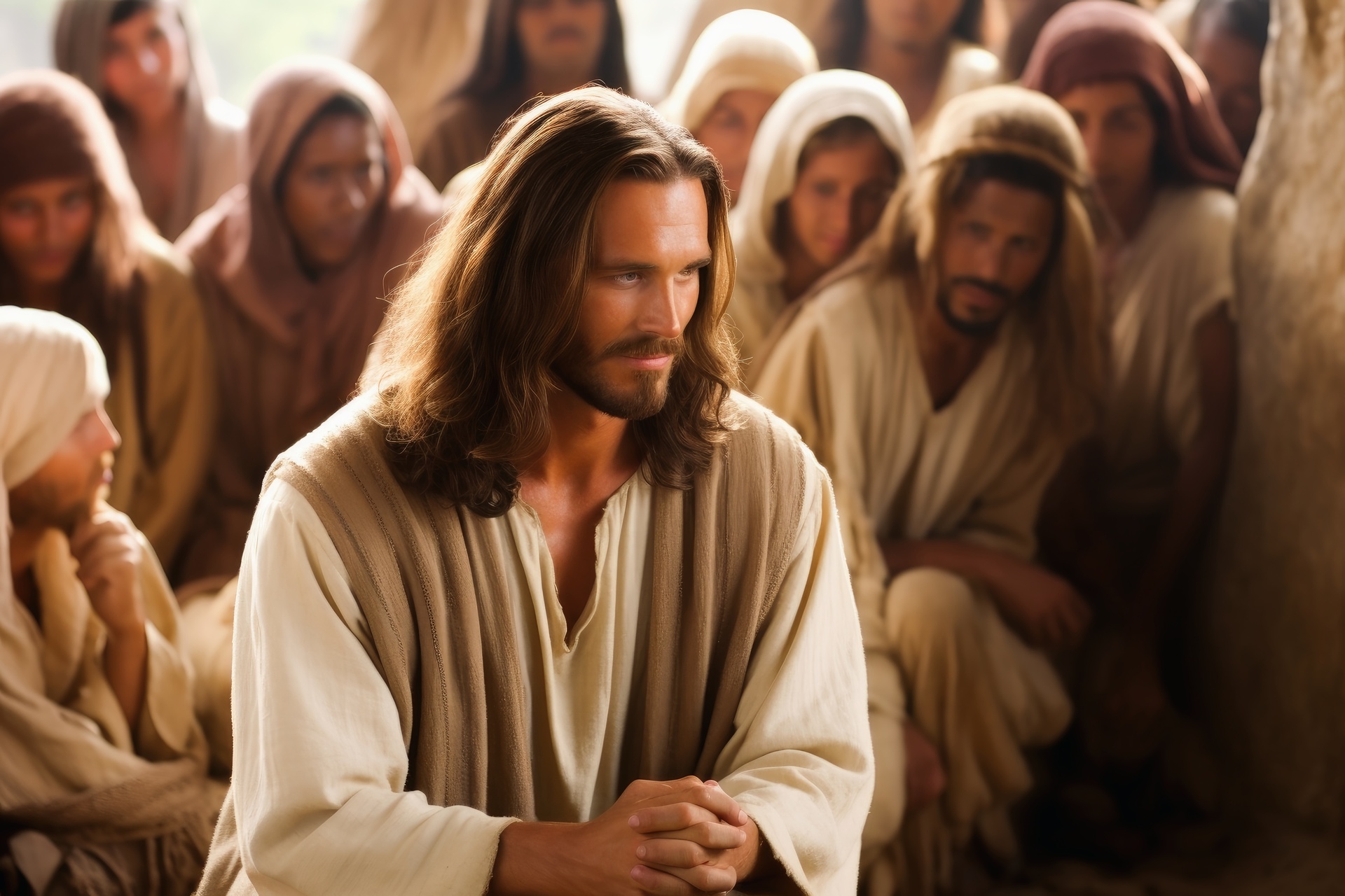 Jesus christ praying with people.